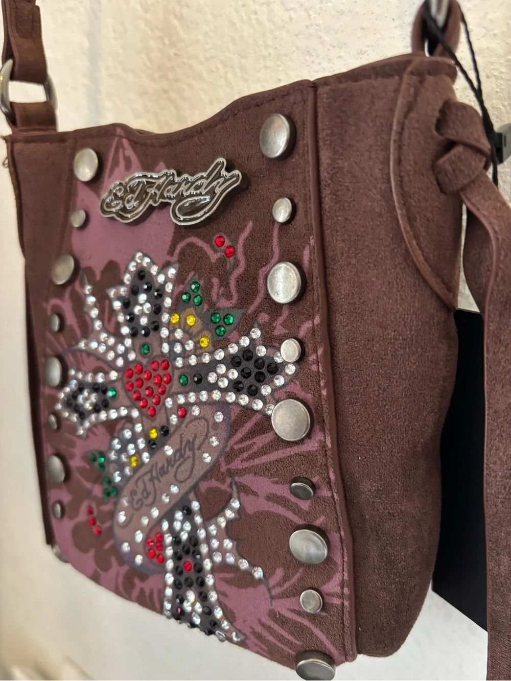 Ed Hardy Brown Suede Crossbody with Rhinestone Cross